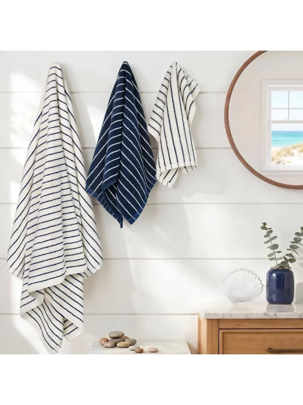 8-Piece Cotton Striped Towel Set in Navy Blue & Ivory - Soft, Absorbent Bath